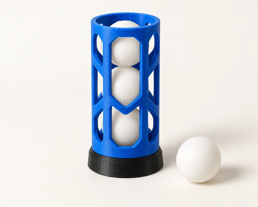 Porta-bolas impresso em 3D com estrutura vazada e bolas de tênis de mesa.